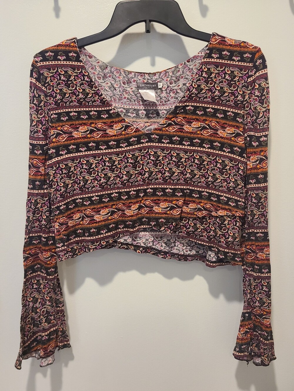 Earthbound Paisley Longsleeve Bell Sleeve Crop Top Fairycore Cottagecore